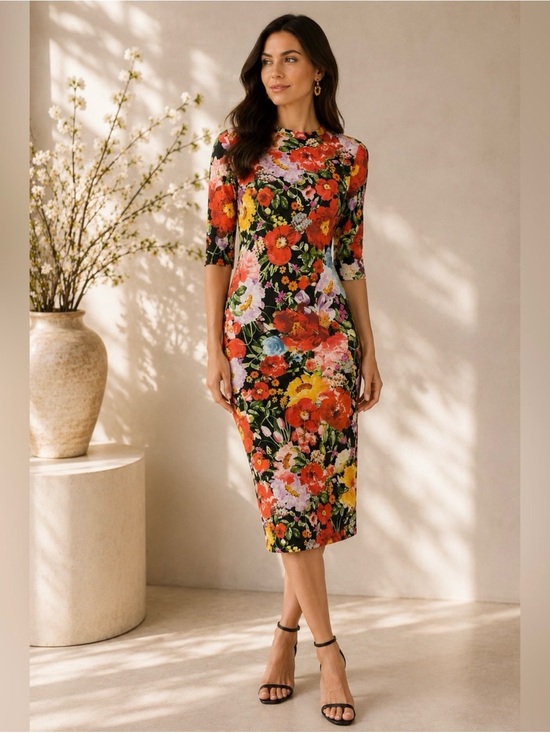 Alice + Olivia Dresses & Skirts - Alice and Olivia Delora Blooming Garden Floral Mock Neck Midi Dress Red